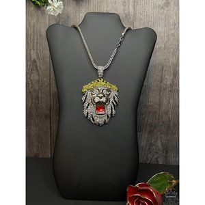 Silver Gold Finish Lion Head Pendant Necklace